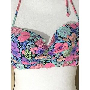 Victoria Secret Bikini Halter 34A Multicolor Florals Metallic Trim Padded Bra